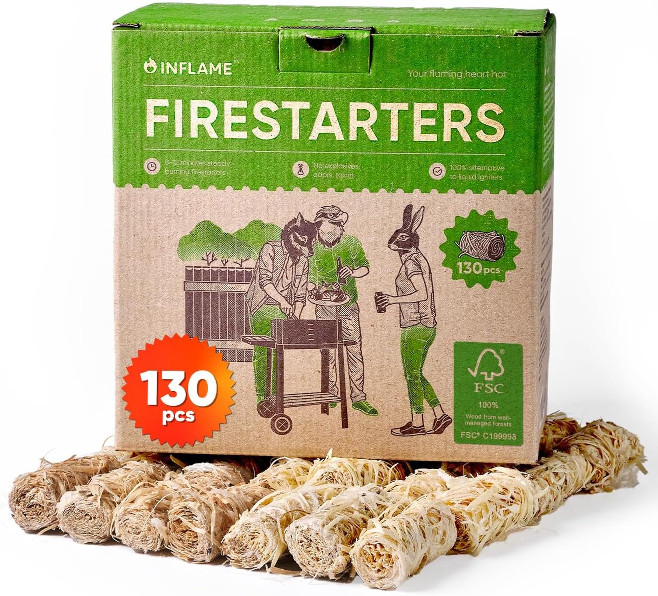 Inflame Fire Starters box top showing compact packaging for quick ignition