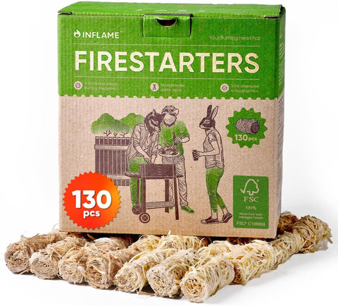Inflame Fire Starters box top showing compact packaging for quick ignition
