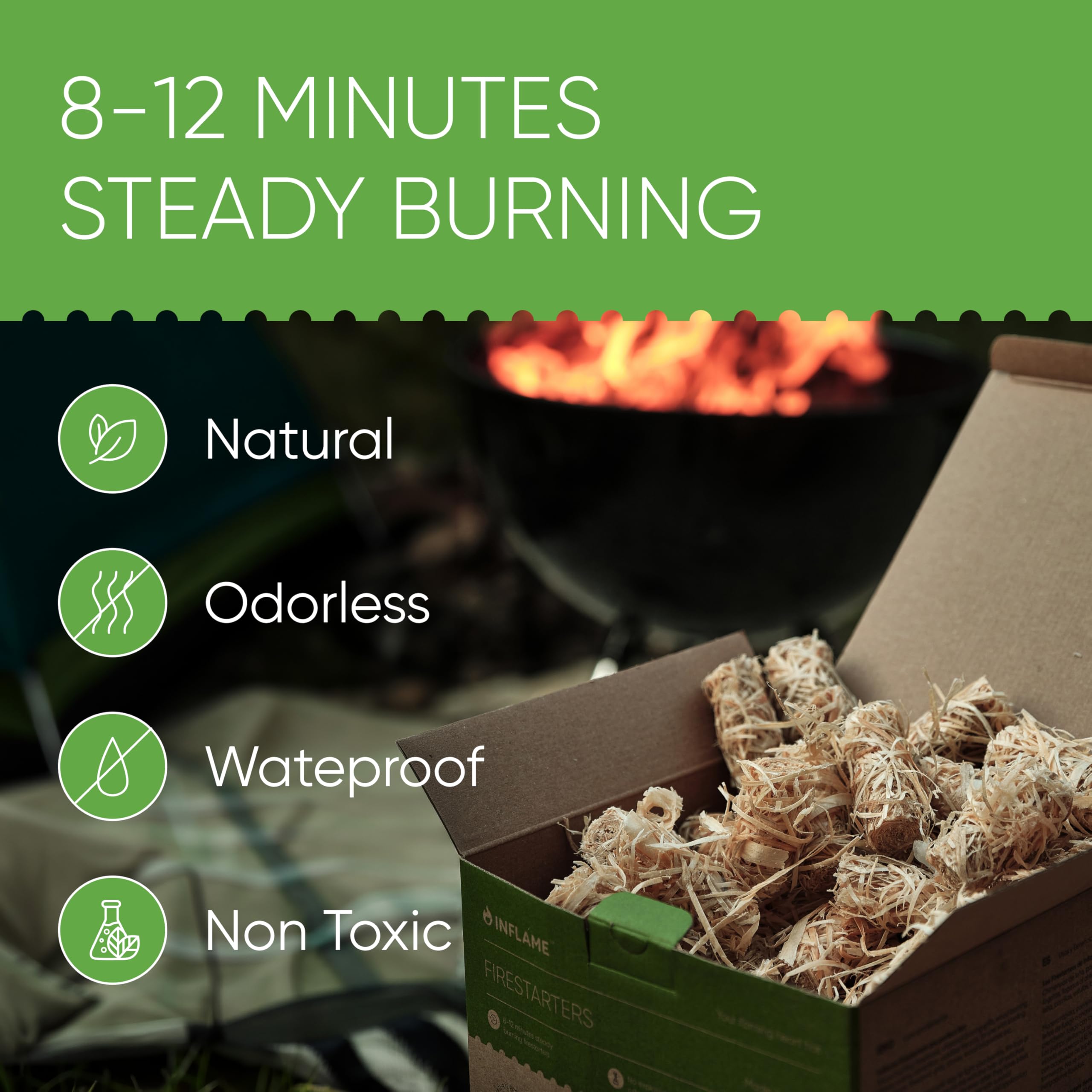 Inflame Fire Starters packaging close-up highlighting natural materials
