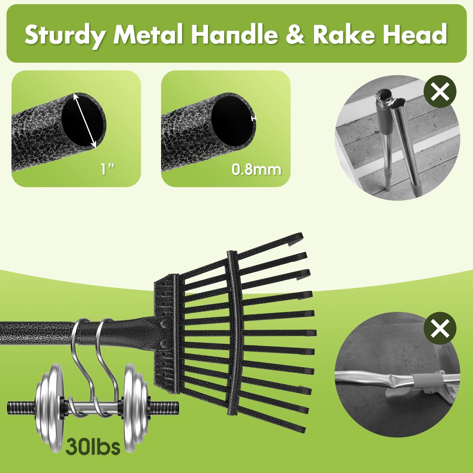 Adjustable handle rake from INFLATION for comfortable heights.