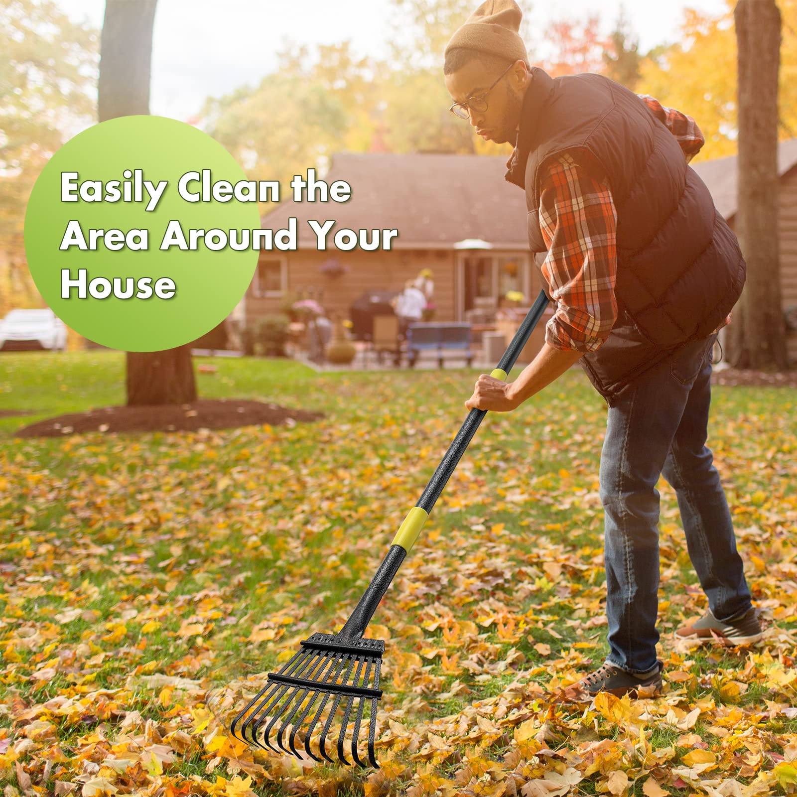 INFLATION 11-tine rake handles yard debris across lawns and patios