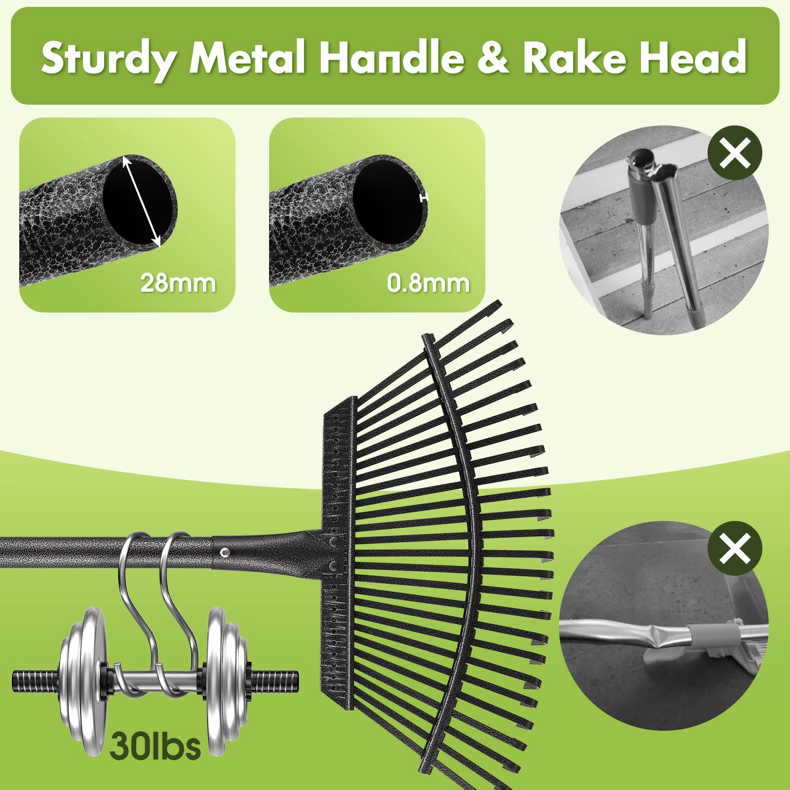 INFLATION Heavy Duty Garden Rake 18-inch width enables efficient sweeping of large debris.