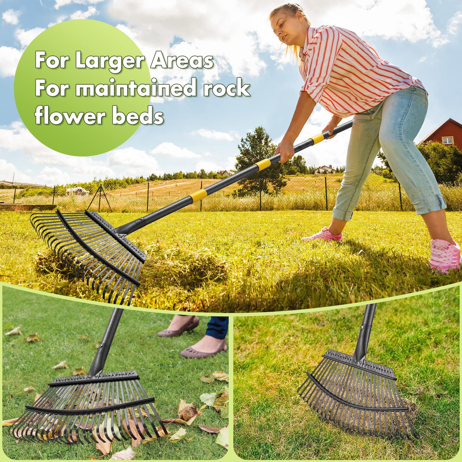 INFLATION Heavy Duty Garden Rake adjustable handle allows tailored height for comfortable use.