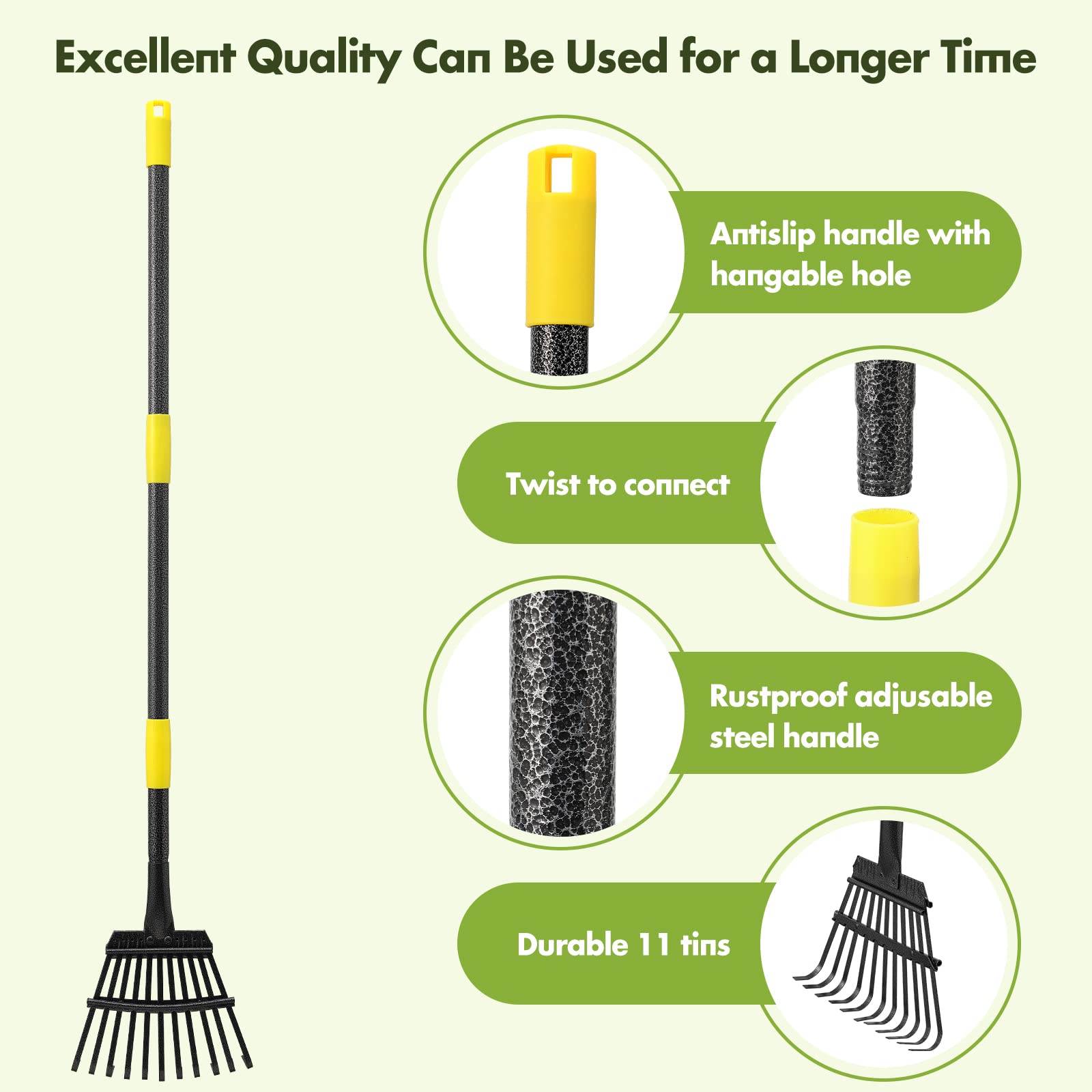 INFLATION rake's non-slip handle provides secure grip.