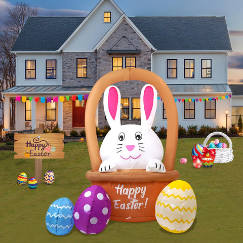 InfleasJoiy 4FT bunny on flower basket inflatable for festive Easter outdoor display.