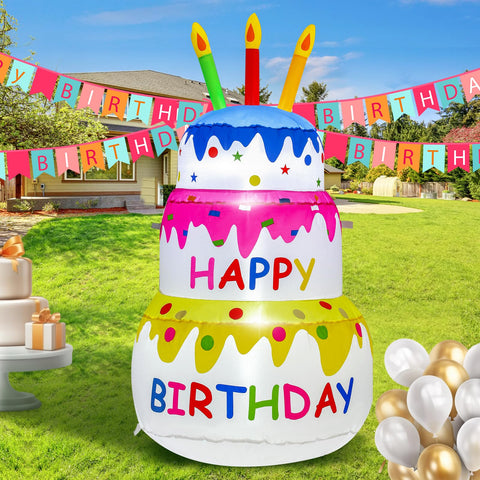 InfleasJoiy 4ft inflatable birthday cake with candles for indoor or outdoor celebrations