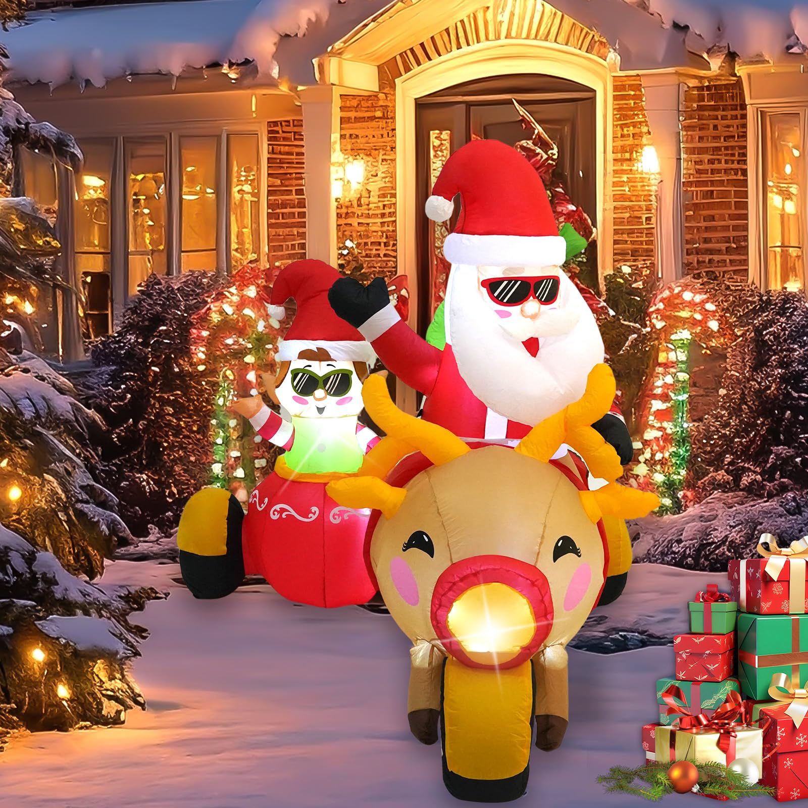 InfleasJoiy 6ft Santa Claus inflatable with LED lights brightens outdoor Christmas display.