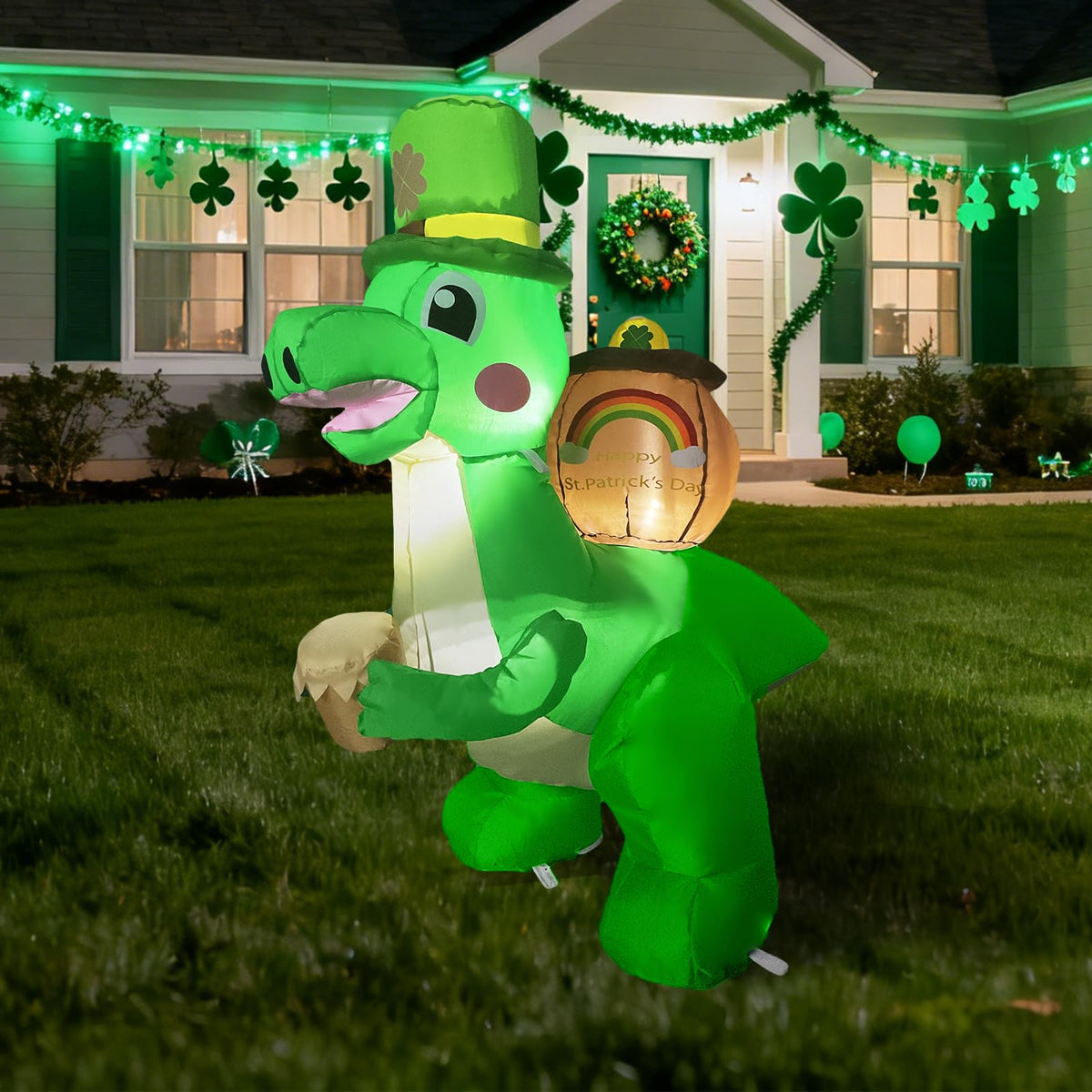 InfleasJoiy dinosaur-cylinder inflatable lawn decor with LED lights for celebrations.