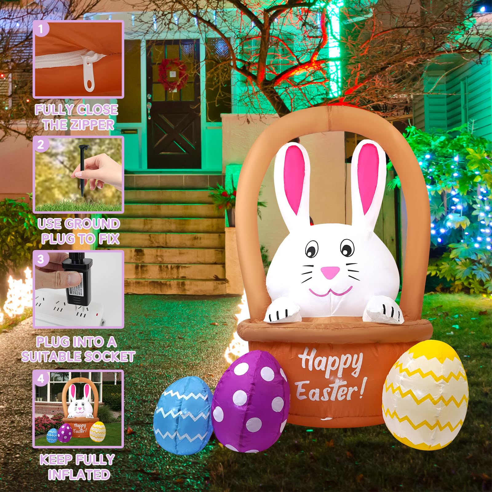 InfleasJoiy decorative bunny on basket enhances family-friendly Easter ambience.