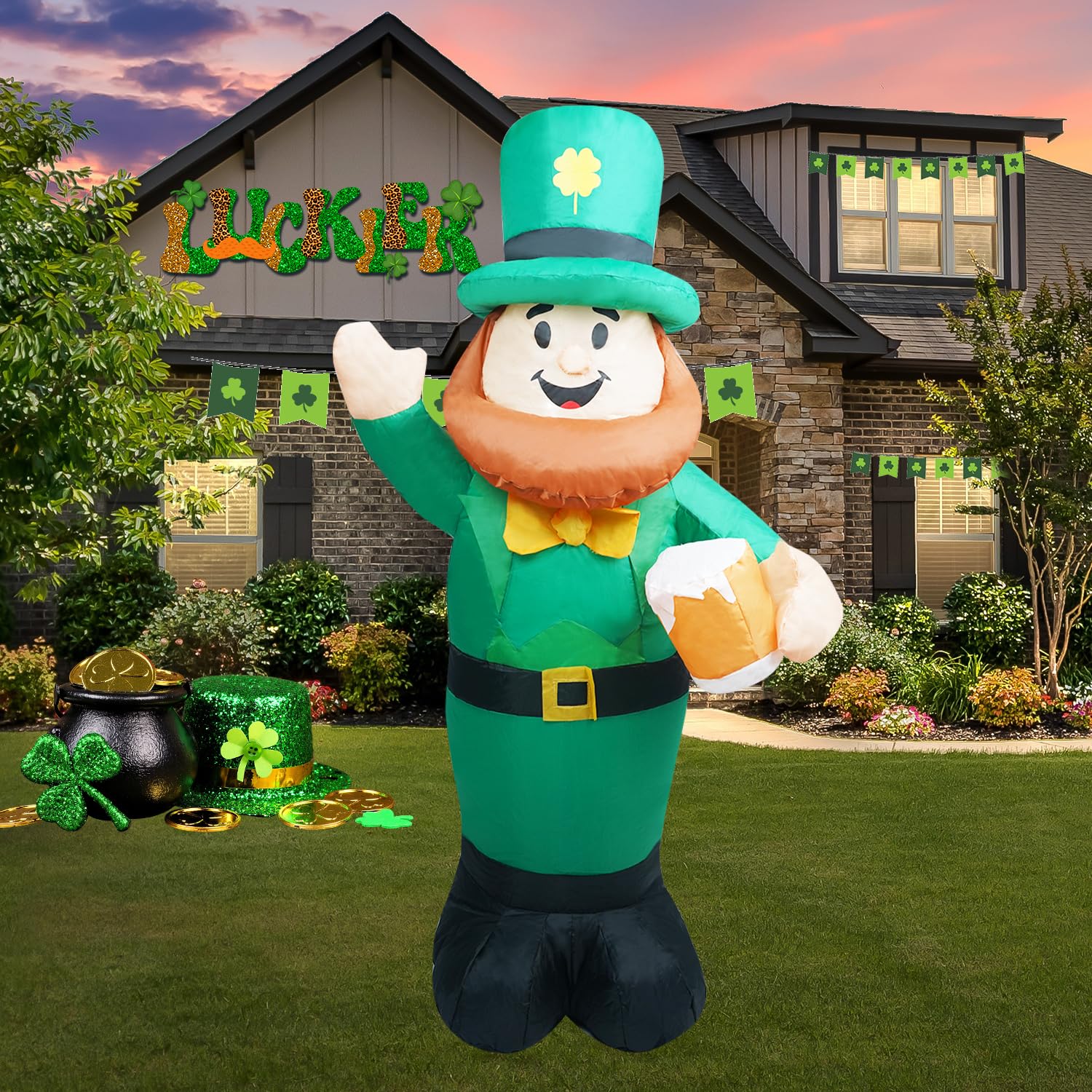 InfleasJoiy Leprechaun inflatable 4ft front view with LED lights for festive yard display