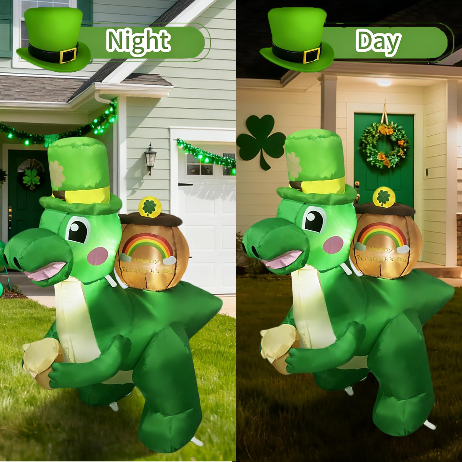 InfleasJoiy St Patrick's Day inflatable dinosaur carrying a cylinder enhances outdoor parties.