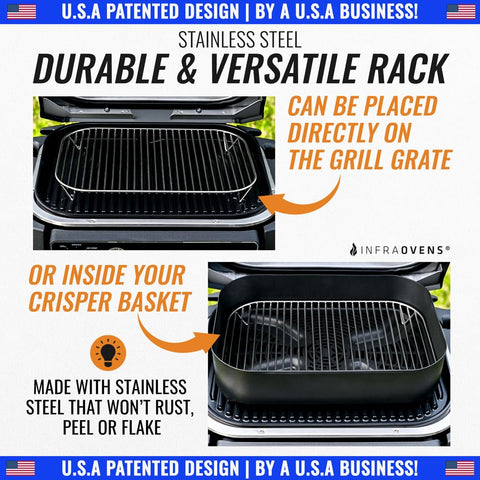 Infraovens crisper basket rack for flexible food preparation