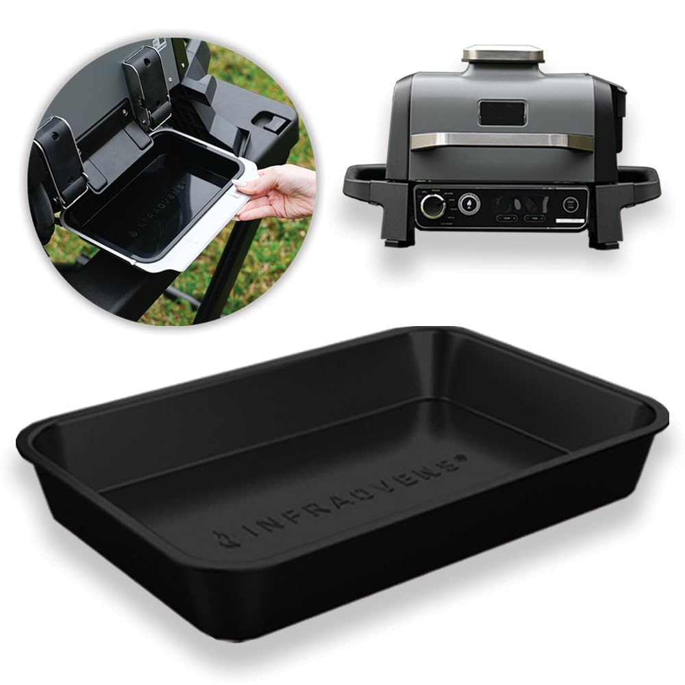Infraovens drip pan in use with Ninja OG701 catching drips for easier grilling cleanup