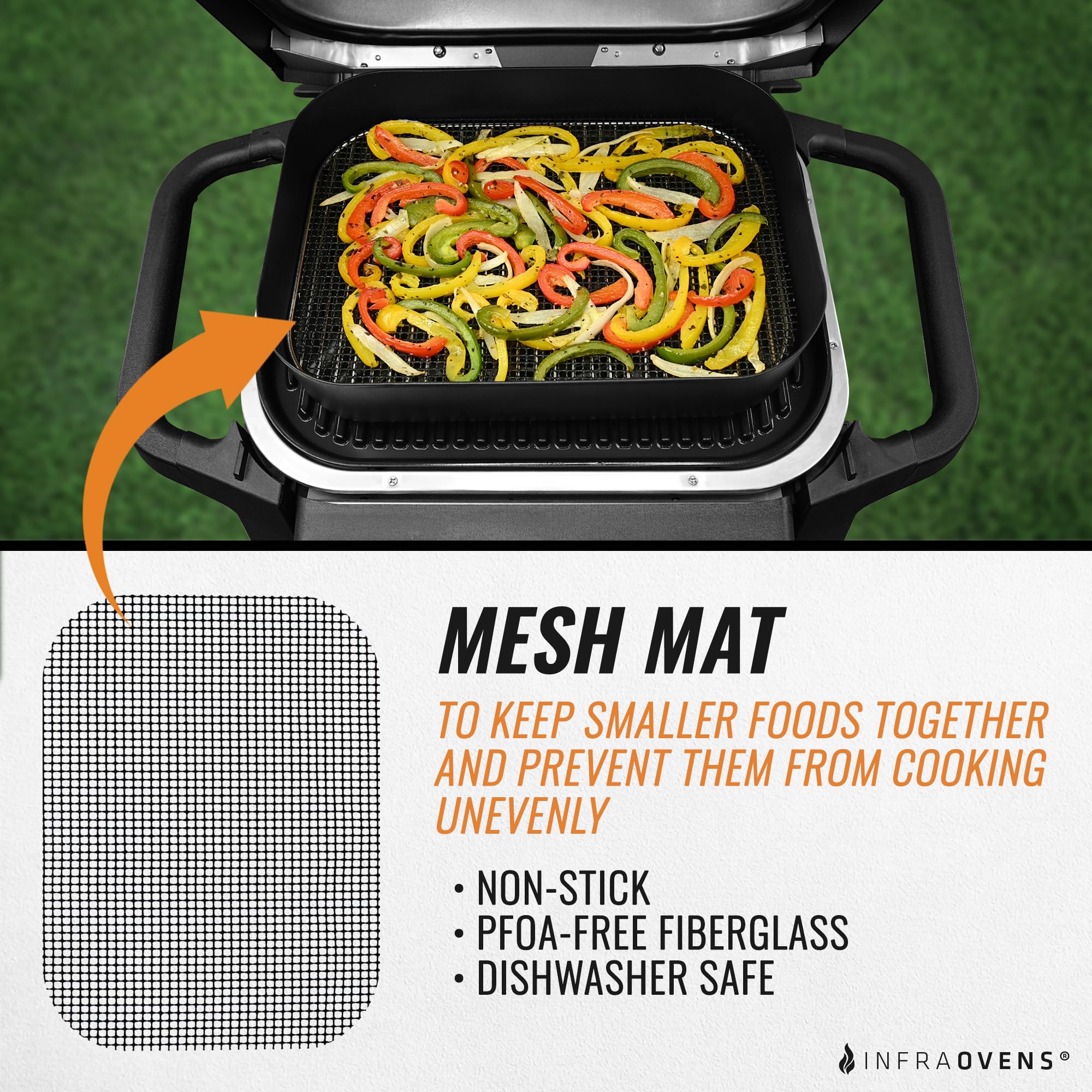 Infraovens mesh mat enables dehydration on the griddle for small snacks.
