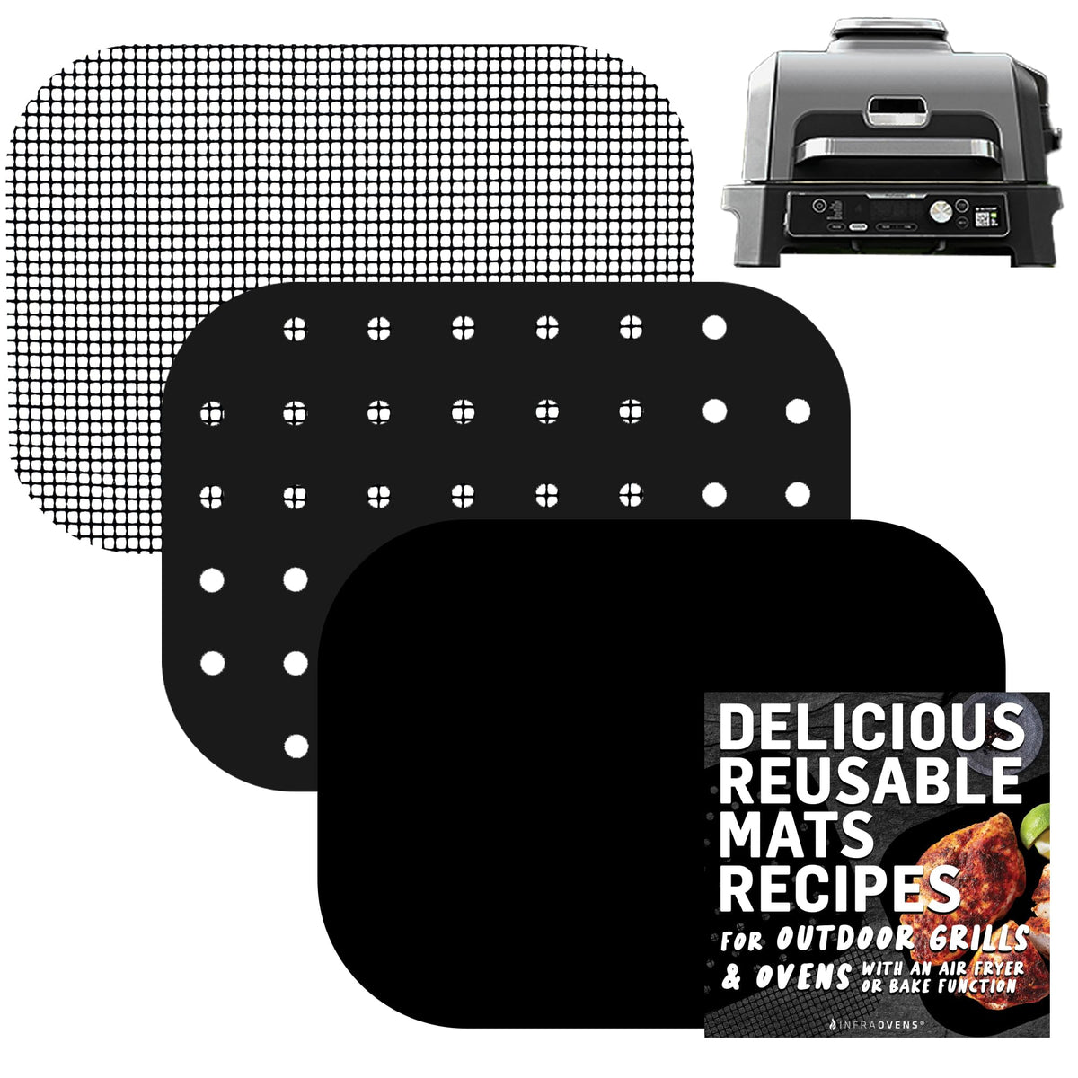 Infraovens woodfire grill Pro XL liners on the cooking surface for easy cleanup.