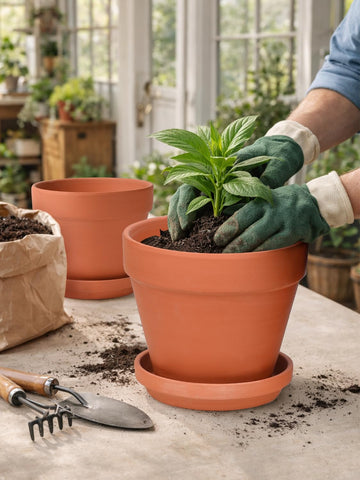 INGOFIN floral display uses the ratio of pot and saucer to keep surfaces clean.
