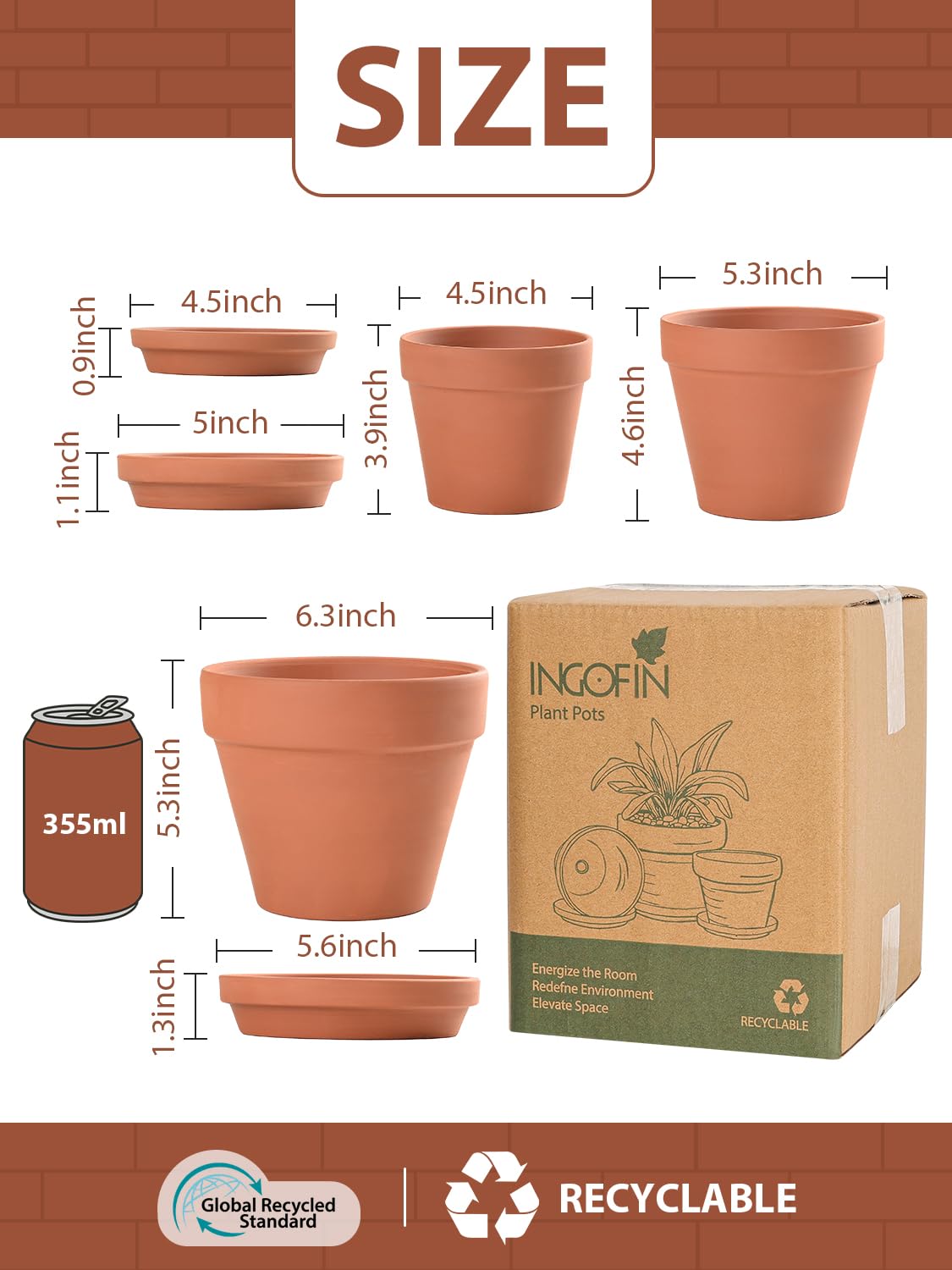 INGOFIN terracotta pot 6inch ideal for herbs and small flowers with saucer.
