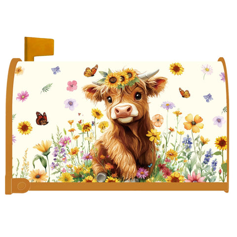 InIsaJace Highland Cow mailbox cover with sunflowers, weather-resistant outdoor decor for spring and summer.