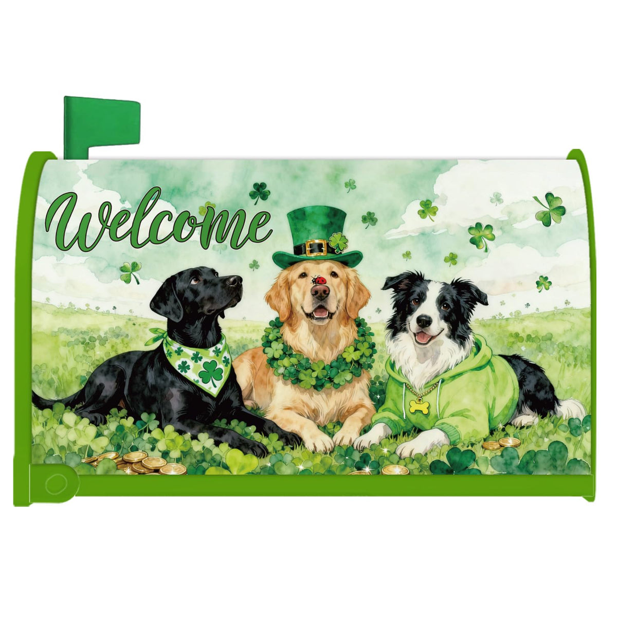Inisajace St Patrick's Day mailbox cover with dogs and shamrock hats, festive outdoor decor.