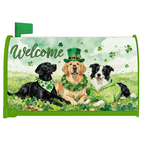 Inisajace St Patrick's Day mailbox cover with dogs and shamrock hats, festive outdoor decor.