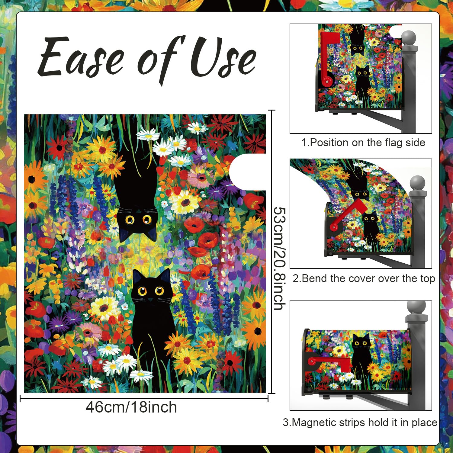 InIsaJace watercolor floral mailbox cover enhances garden charm with a playful black cat motif.