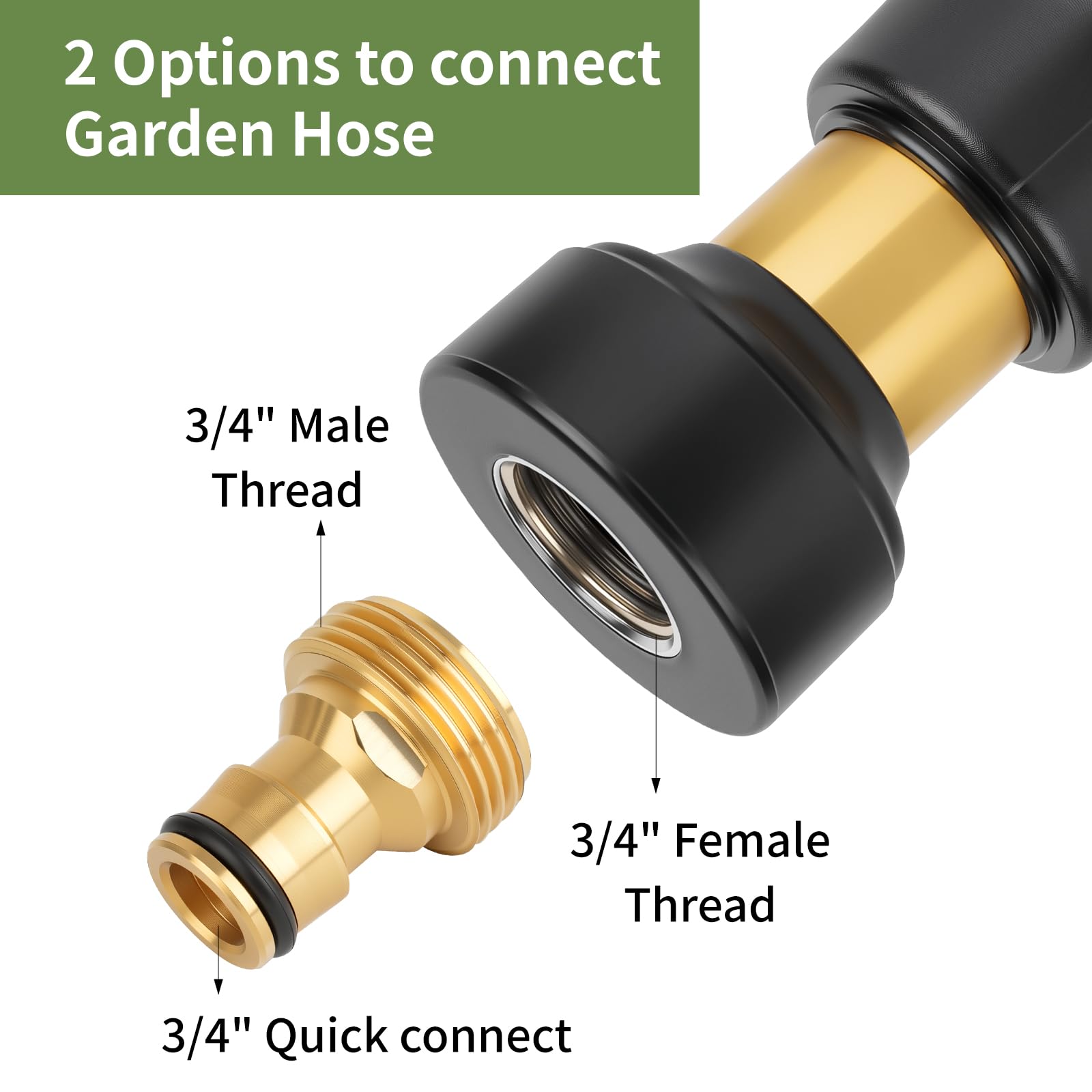 Iniscape nozzle with connector and hose-clamp for secure fit on standard hoses.