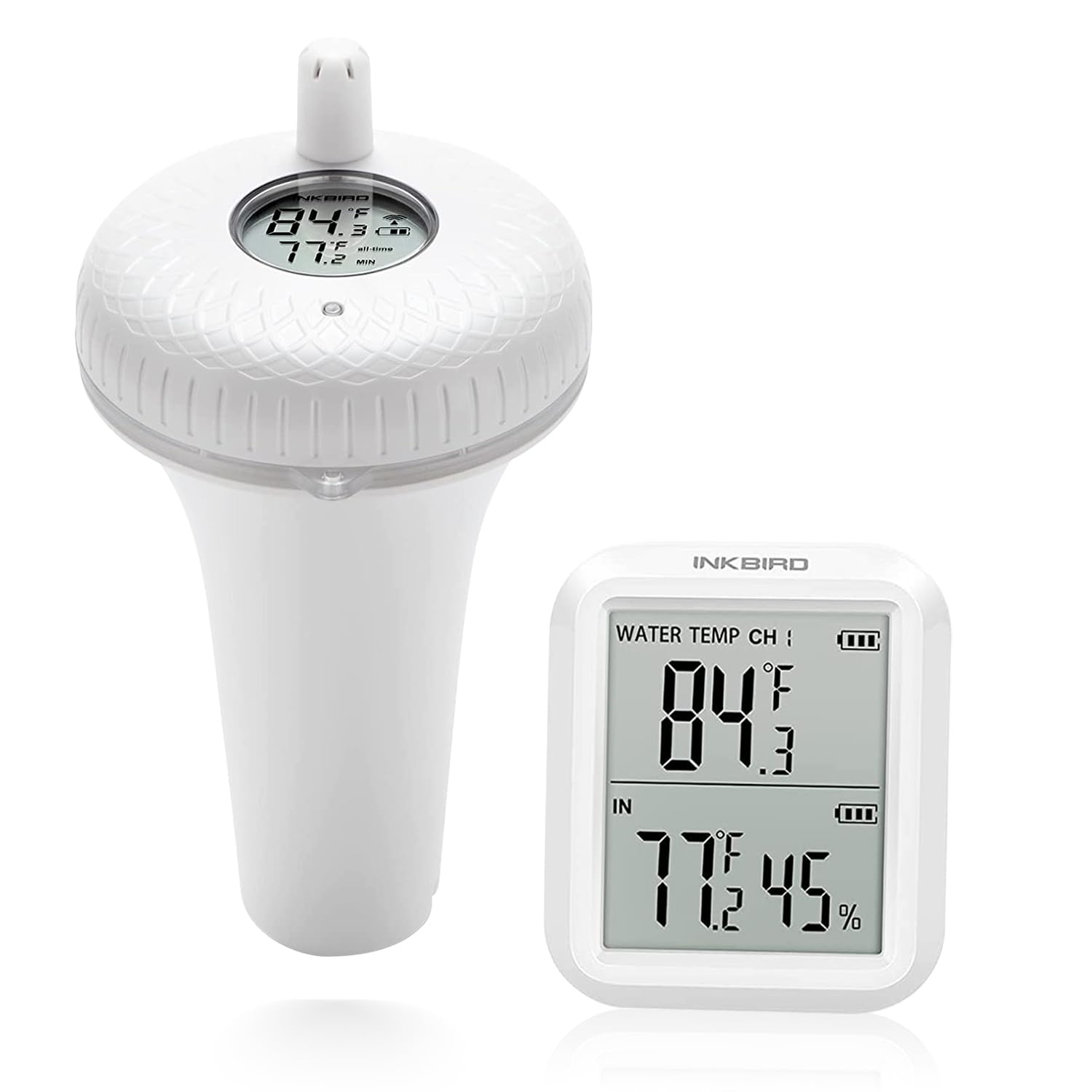 Inkbird IBS-P01R floating thermometer in pool showing quick water temperature readings
