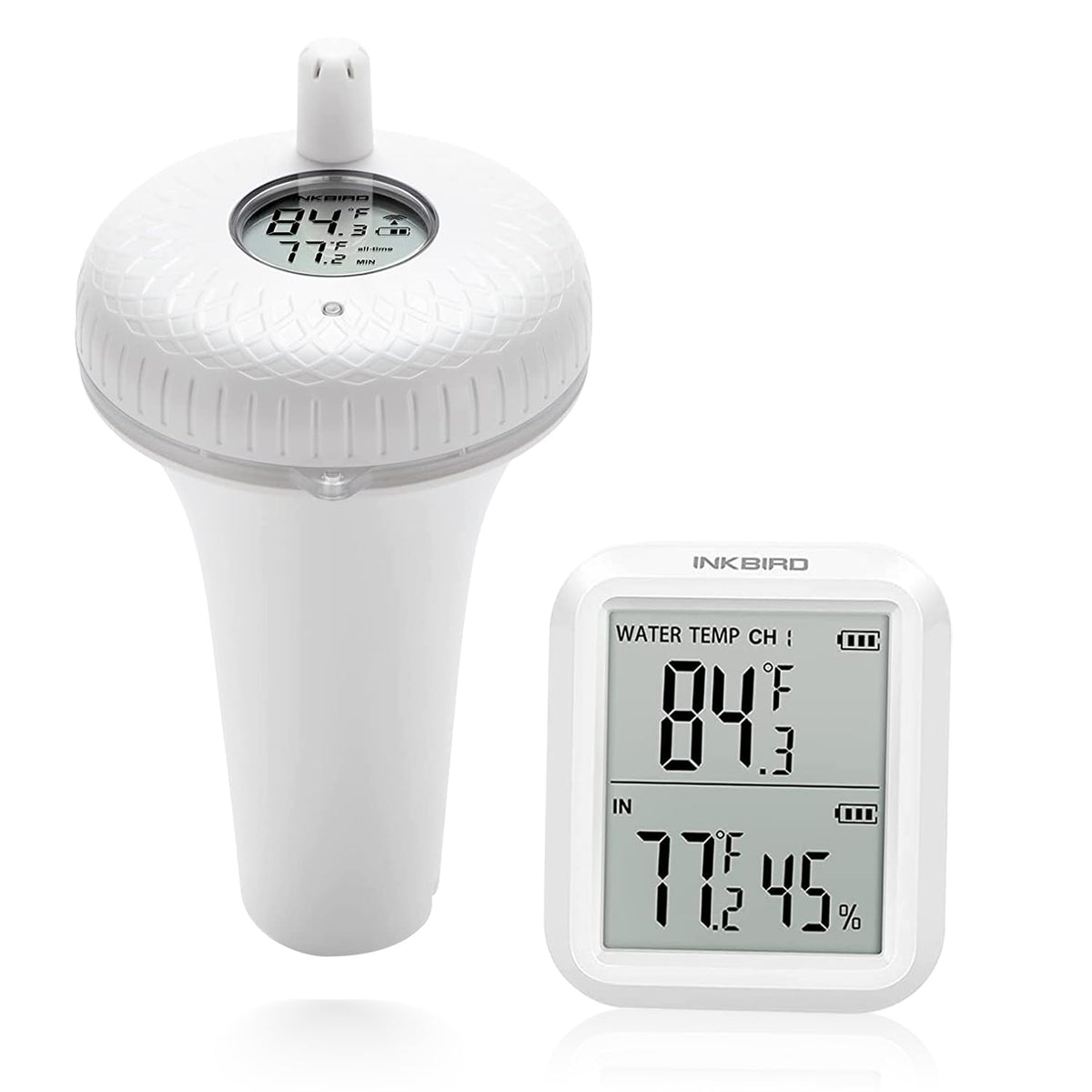Inkbird IBS-P01R floating thermometer in pool showing quick water temperature readings