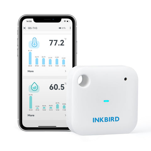 Inkbird IBS-TH3 live-display shows current temperature and humidity.