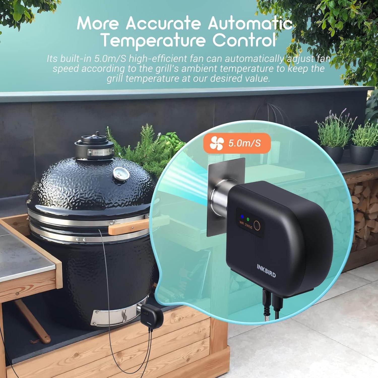 Smart fan in action regulating airflow to maintain stable grill temps