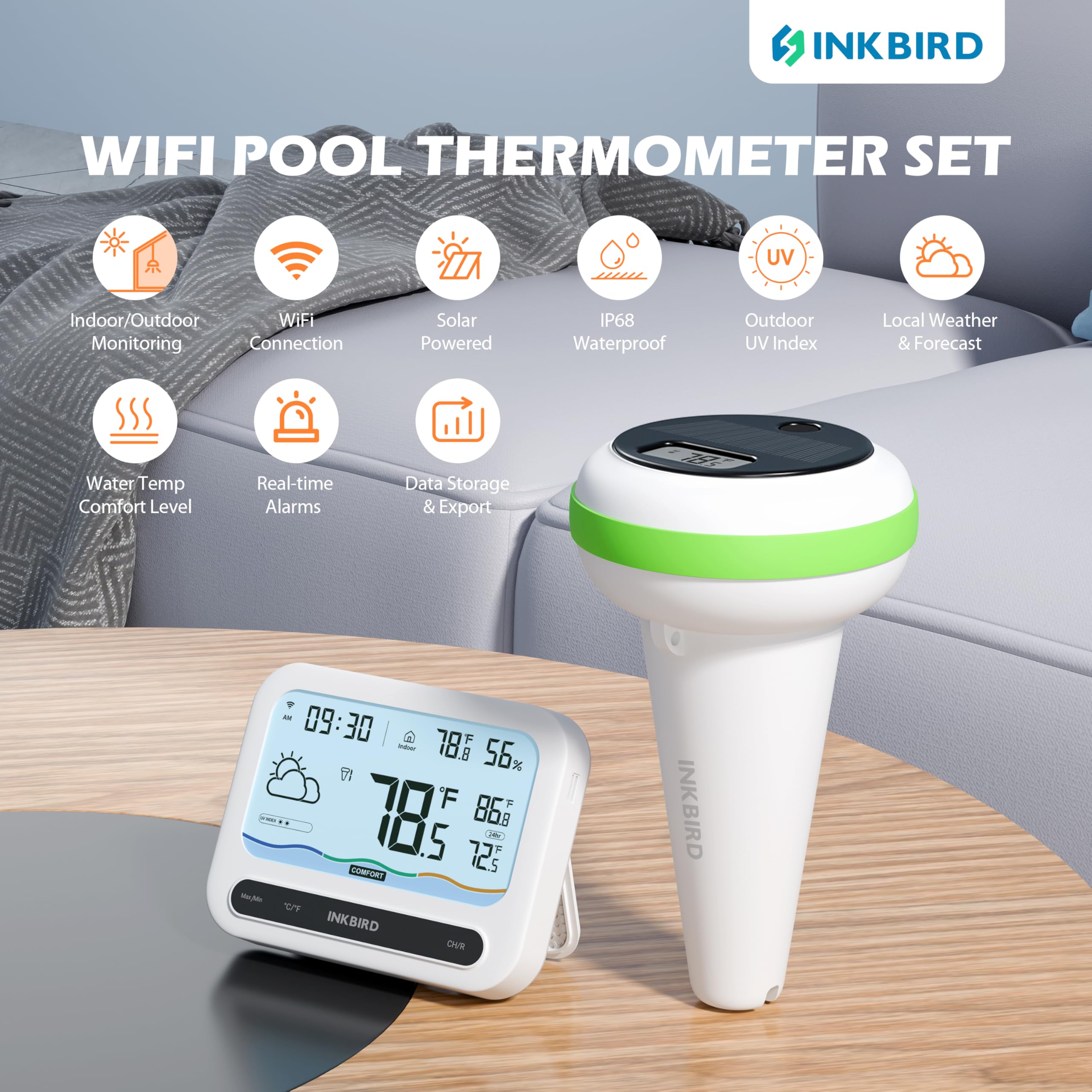 Inkbird solar pool thermometer display highlights water temperature and indoor readings.