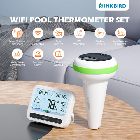 Inkbird solar pool thermometer display highlights water temperature and indoor readings.
