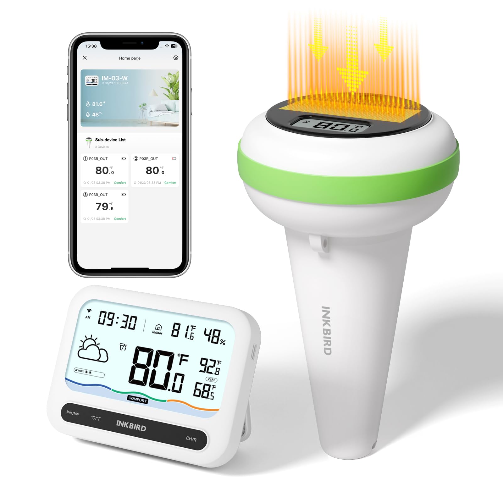 Inkbird solar pool thermometer front view shows water temperature at a glance.
