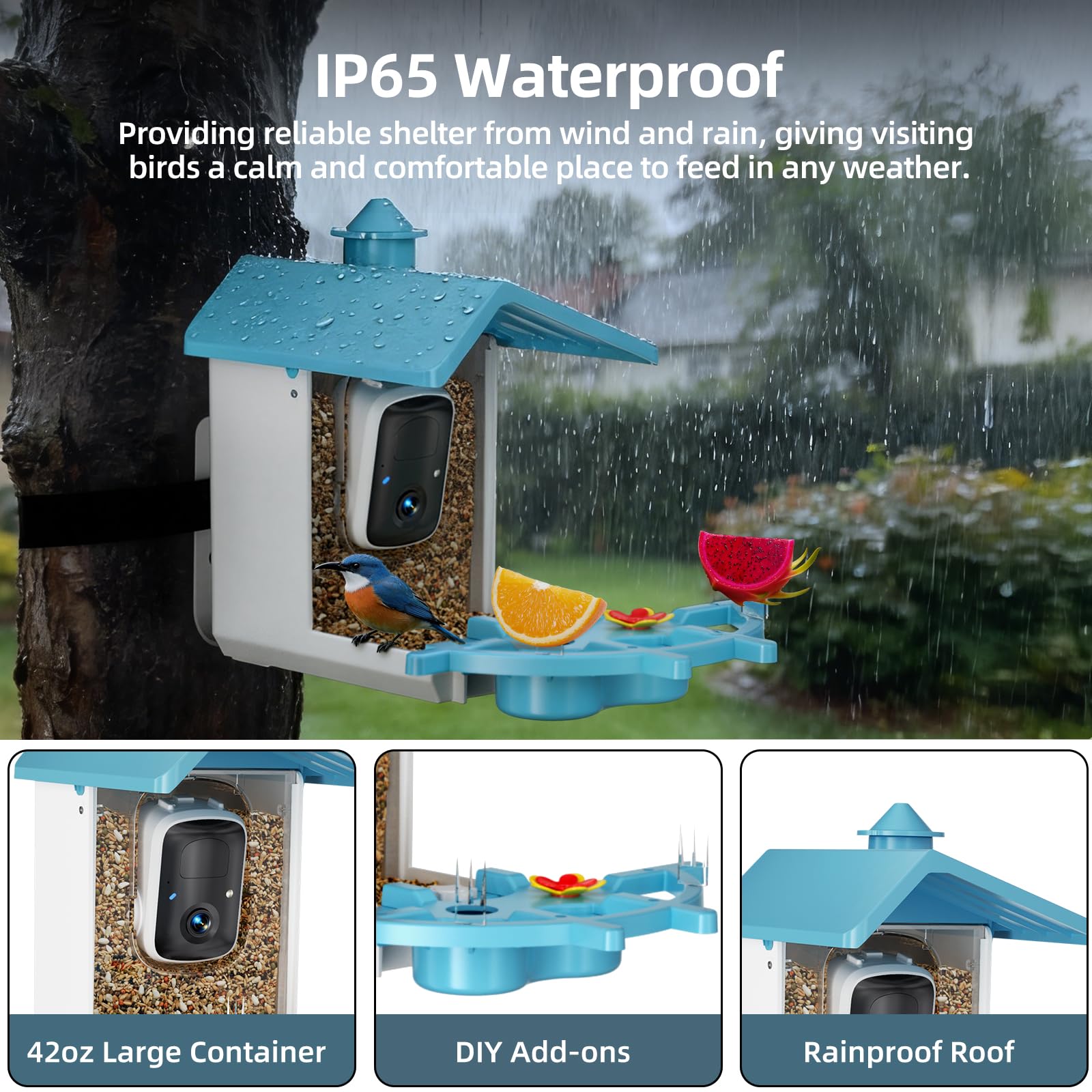 INKCKU 42 oz Seed Tray reduces refills for longer birdwatching sessions.