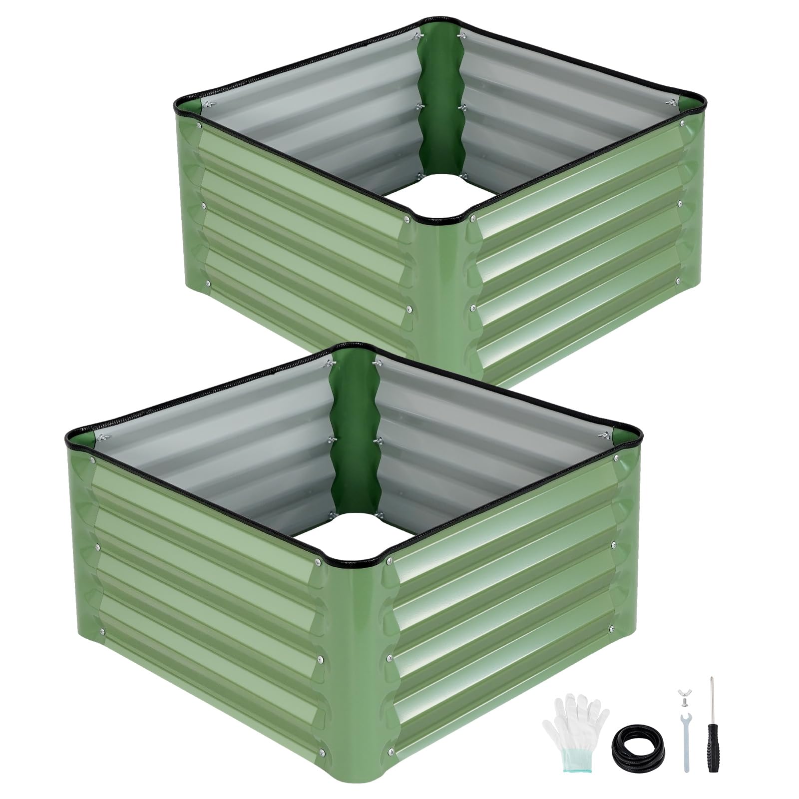 INNO STAGE galvanized raised garden bed olive green 2x2x1ft with curved pillars for soil containment.