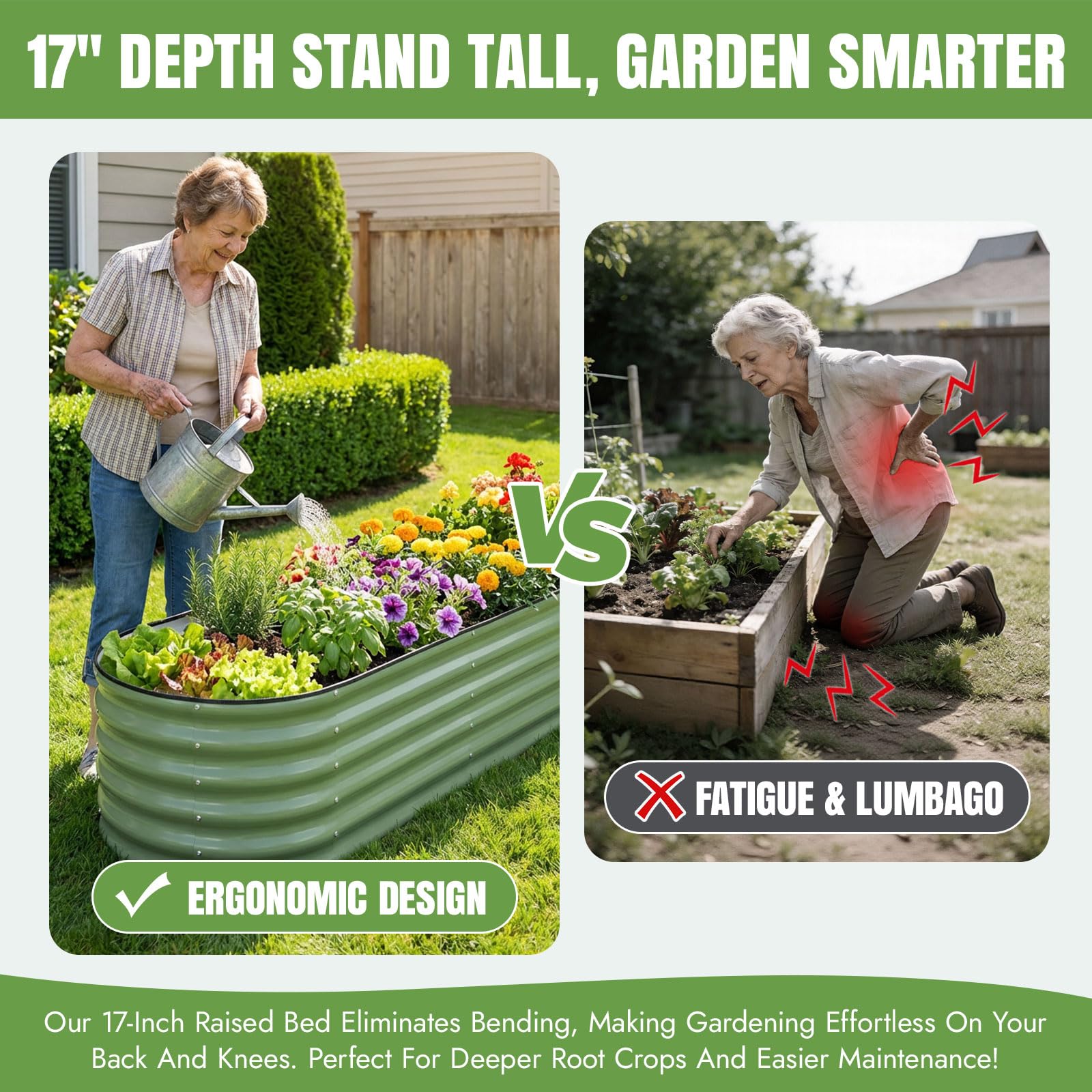 Durable galvanized steel raised bed shown in olive green for year-round use