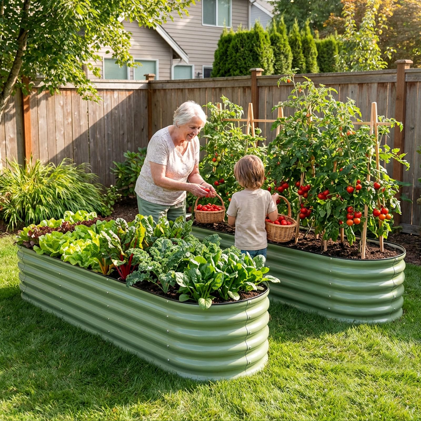 Two-pack INNO STAGE olive green galvanized beds for versatile gardening