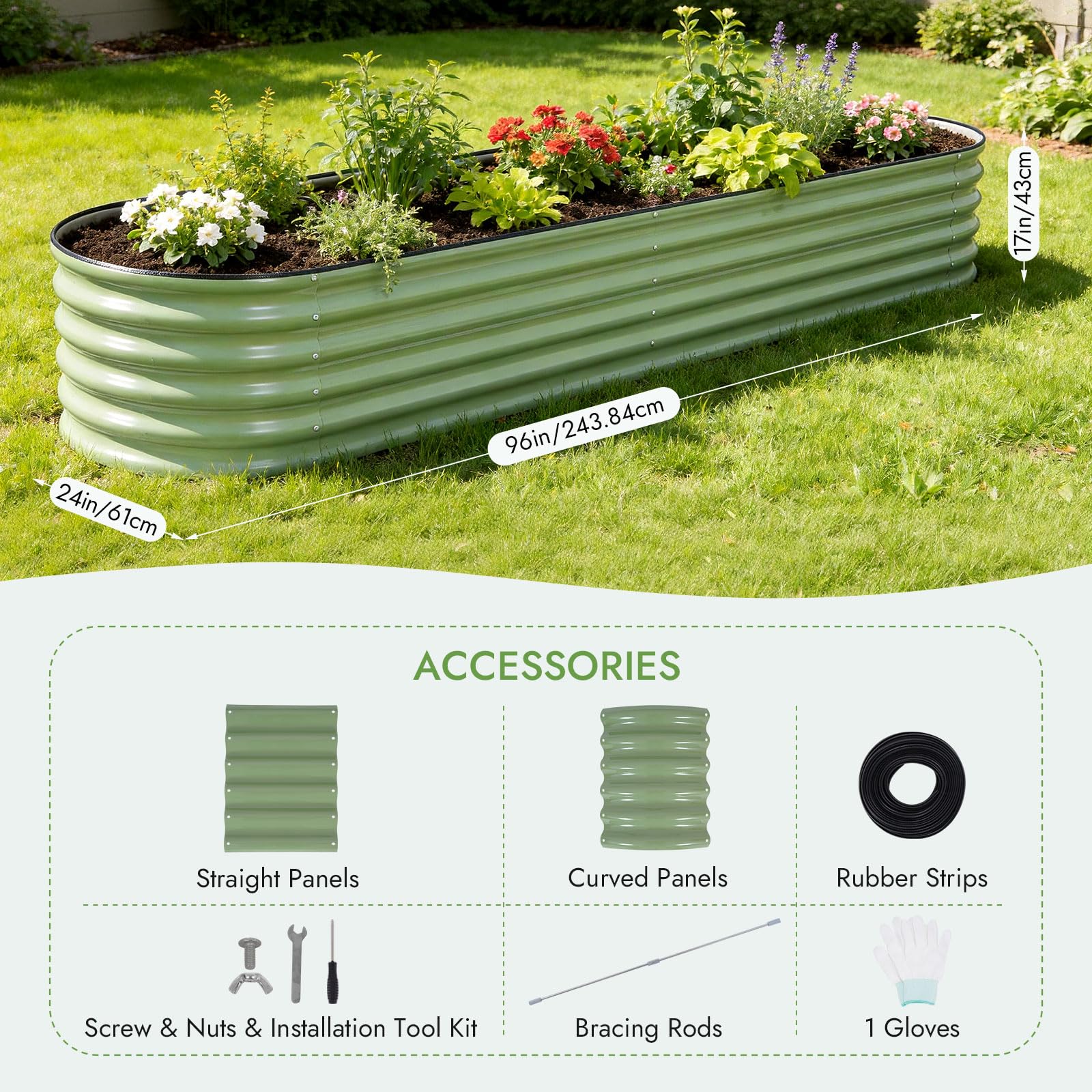 INNO STAGE raised bed layout in olive green for vegetables and flowers