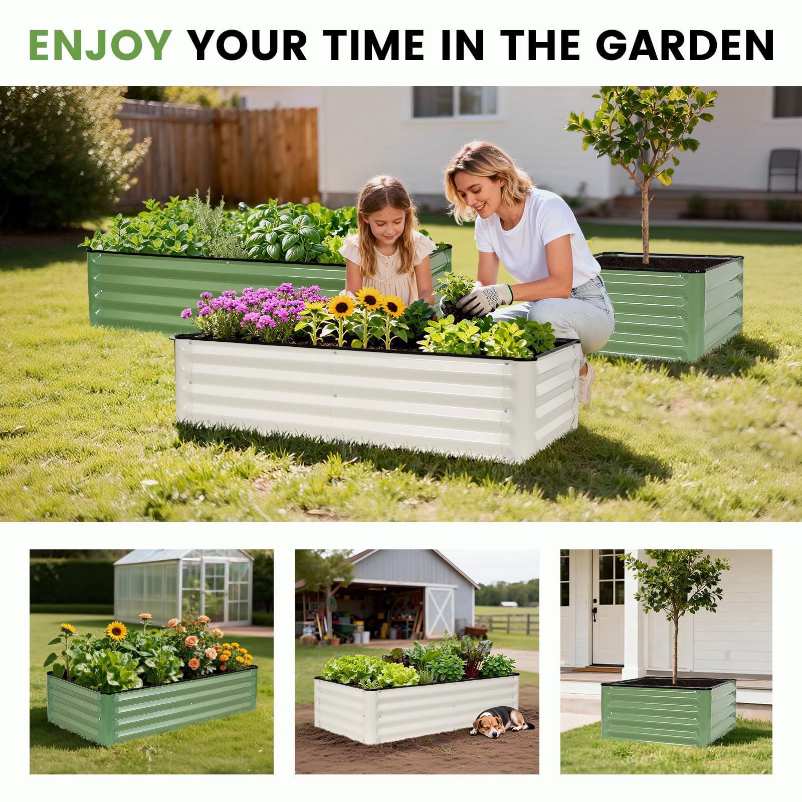 INNO STAGE olive-green patio bed fits with vegetables and flowers.