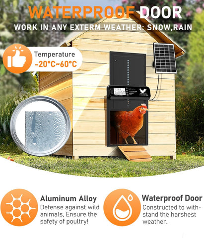 INNOLAND weatherproof coop door operating in harsh outdoor conditions.