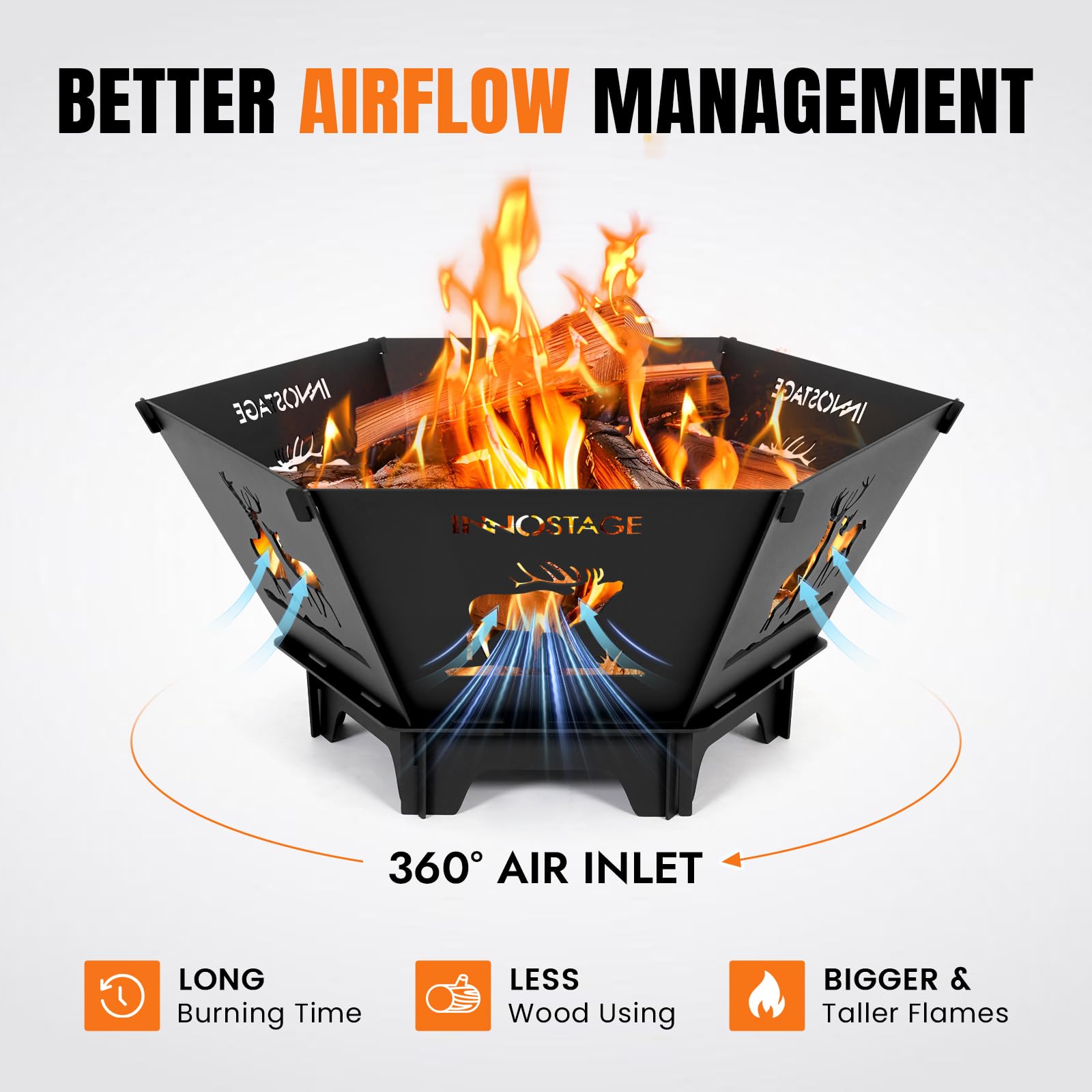 INNO STAGE 23-inch fire pit diameter suitable for 4–6 people.