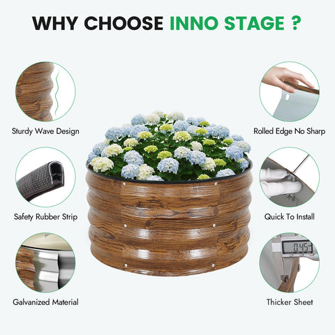 INNO STAGE bed dimensions show 2 ft diameter and 1 ft height.
