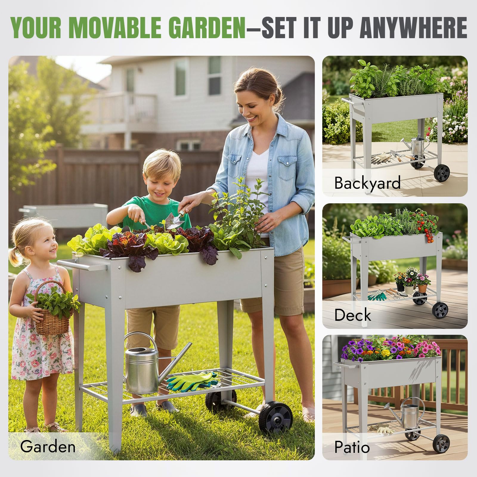 Built-in storage rack keeps garden tools within reach during care.