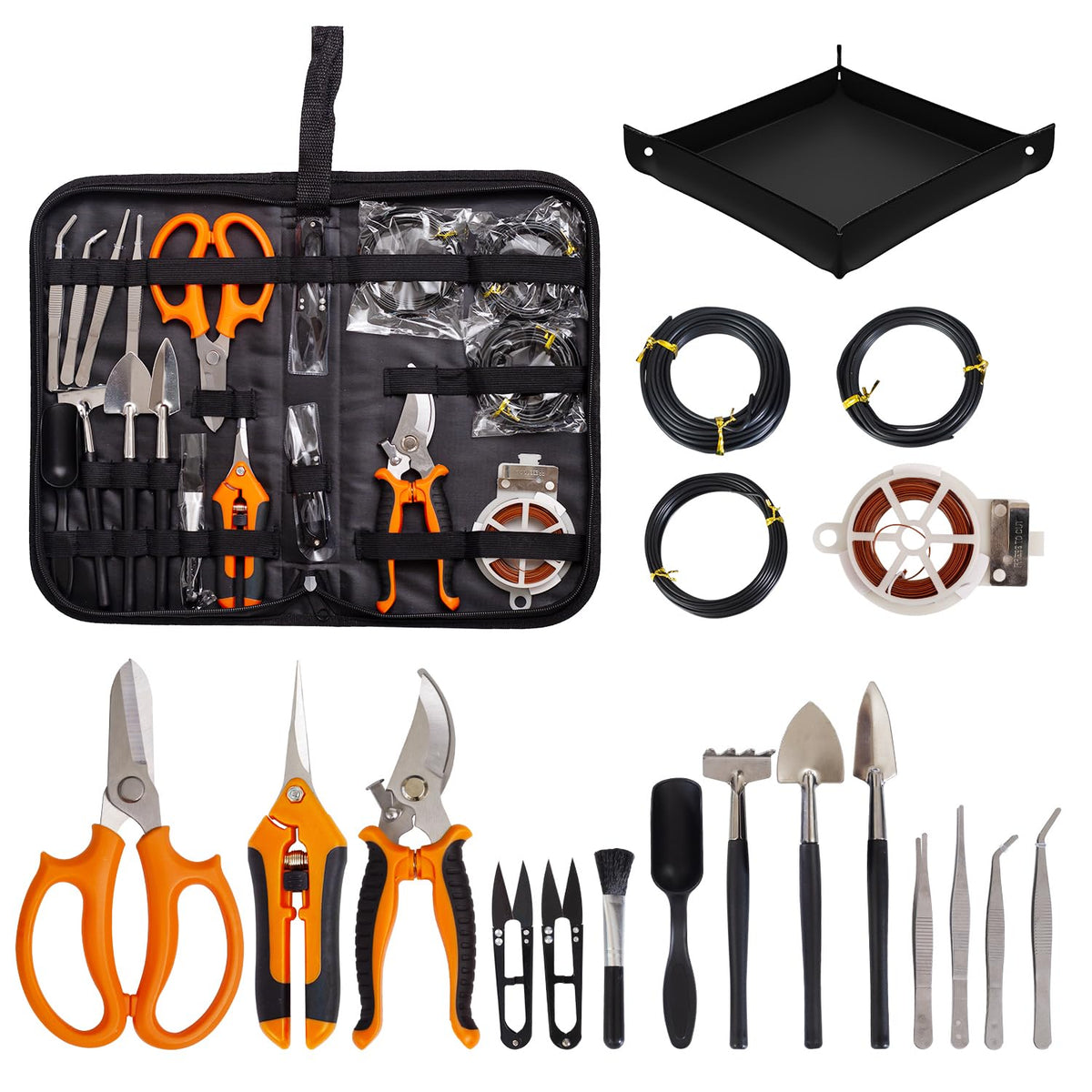 Inntop Bonsai Tools Kit contents neatly organized in PU leather bag for easy access.