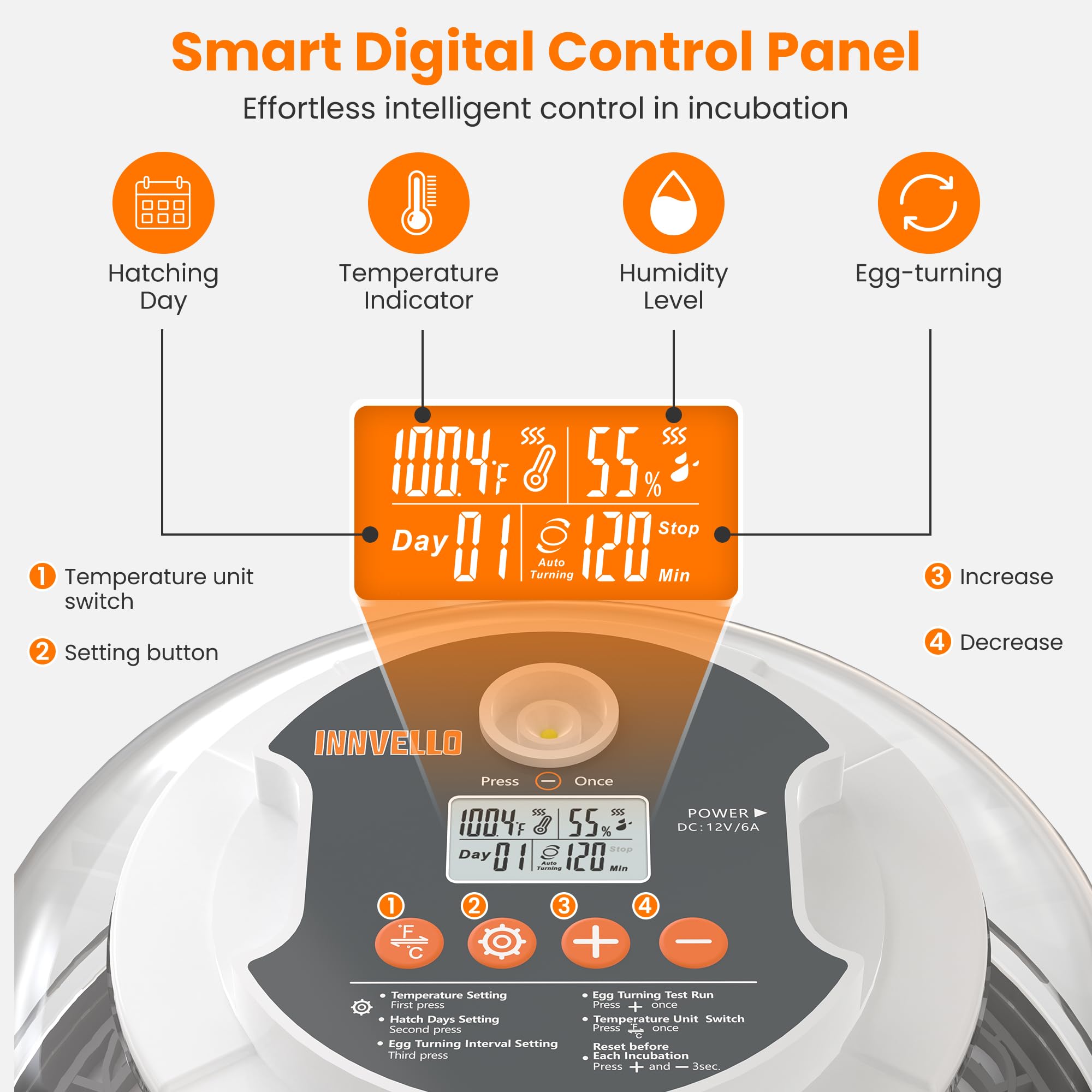 Innvello 18-egg incubator digital display with real time temperature and humidity readings.