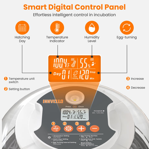 Innvello 18-egg incubator digital display with real time temperature and humidity readings.
