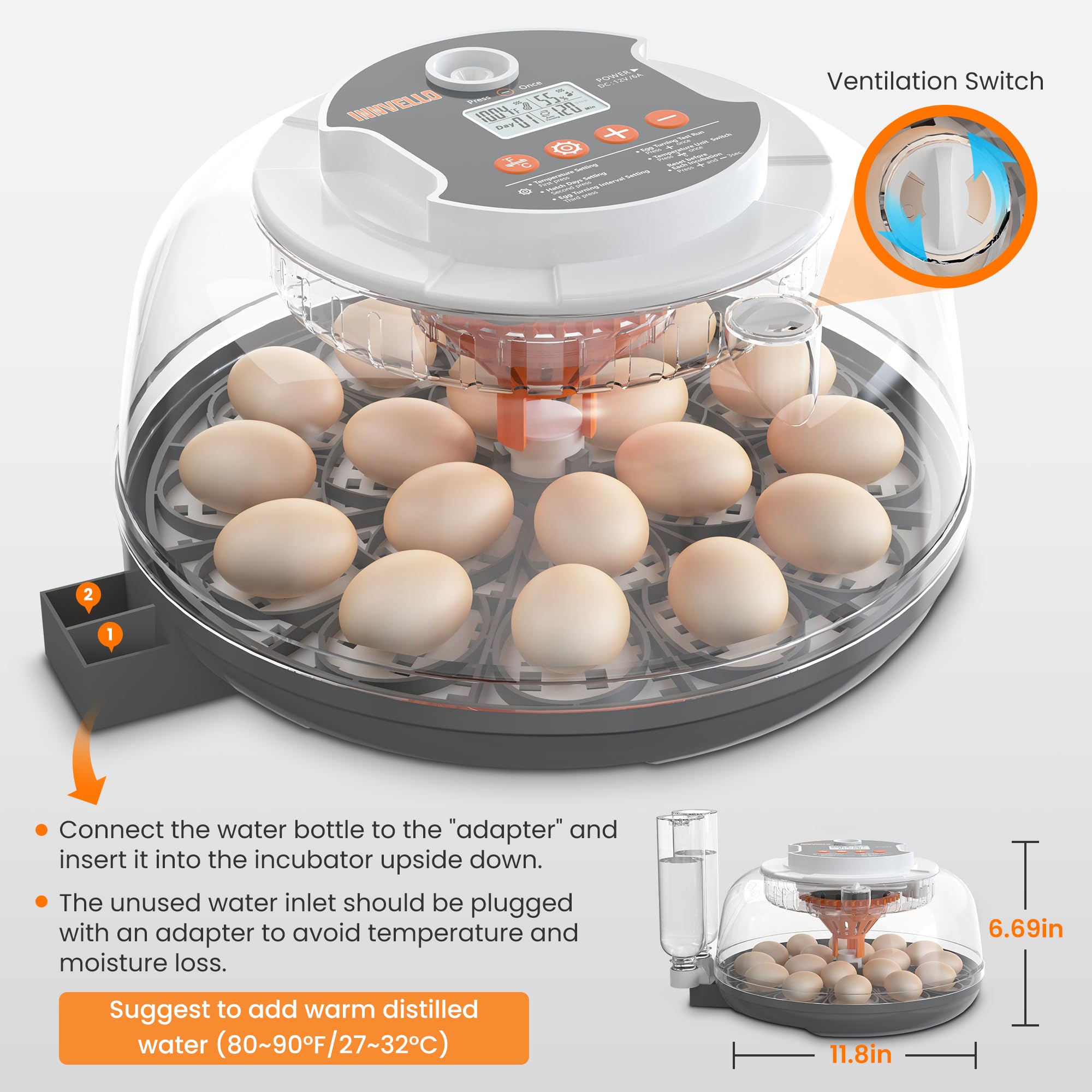 Innvello 18-egg incubator hatch day counter tracking incubation progress.