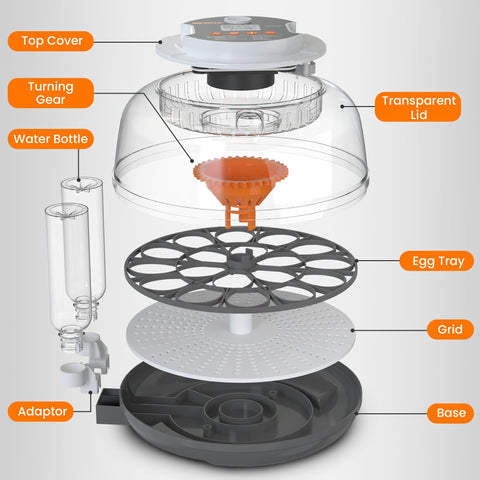 Innvello 18-egg incubator trays showing interchangeable layouts for different egg sizes.