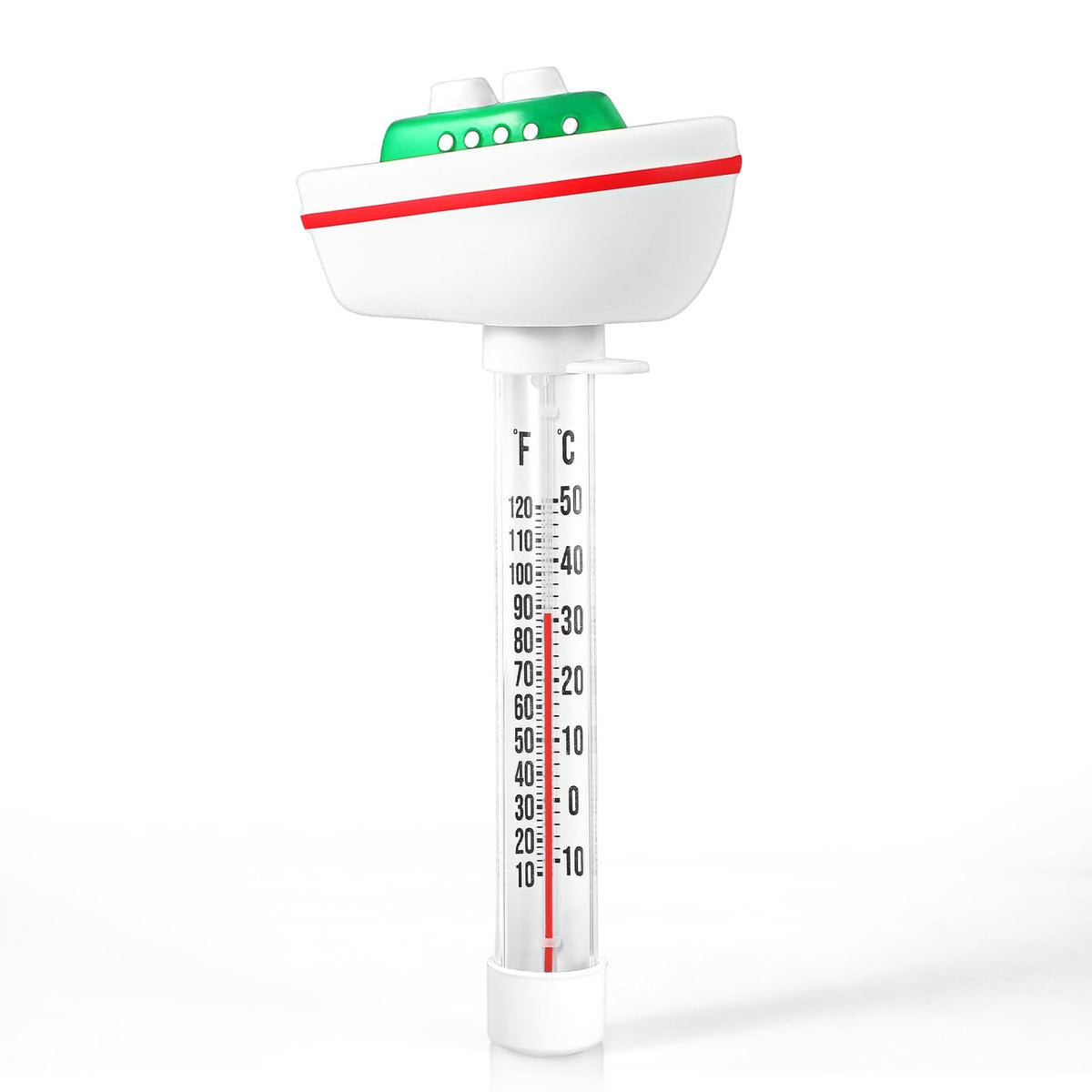 Inpool ship-style floating thermometer with clear display for quick water readings.