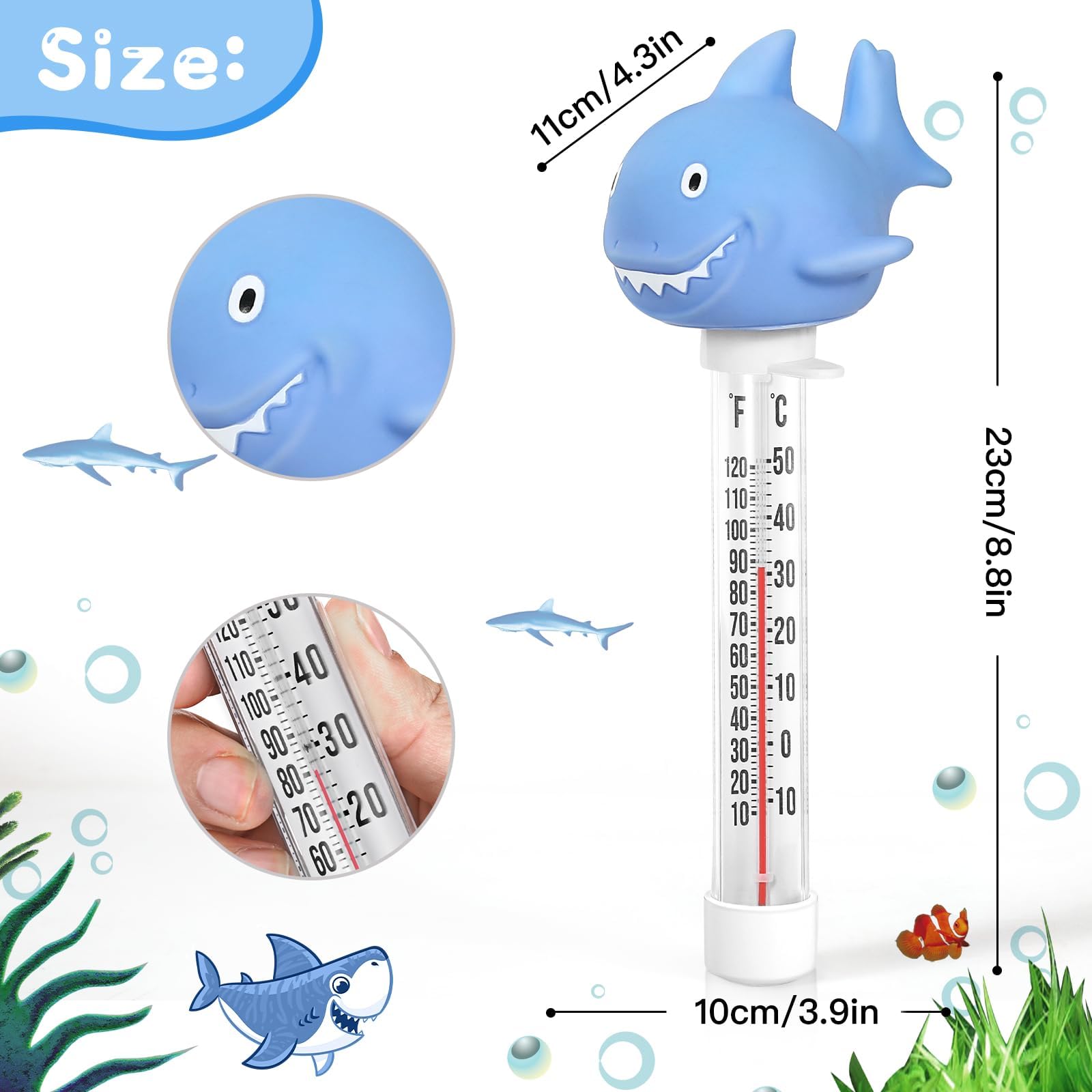 Inpool shark-themed thermometer floats on water for simple readings.